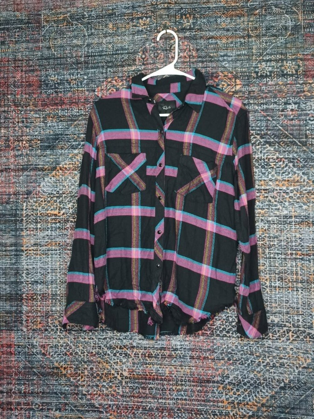 Rails womens colorful plaid frayed western flannel shirt S